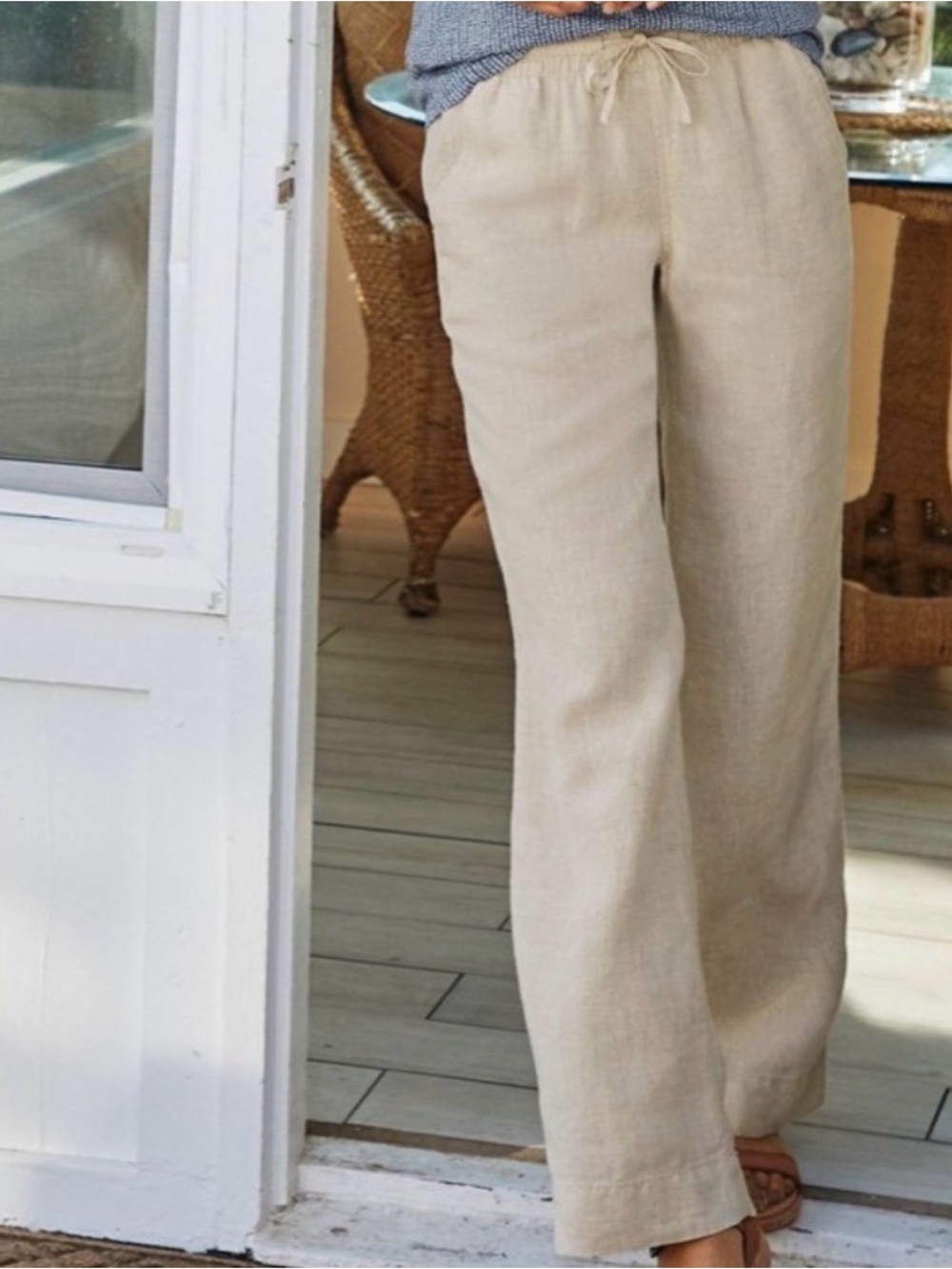 L.L. Bean Women's Drawstring 100% Linen Wide-Leg Pants - Beige 14 petite